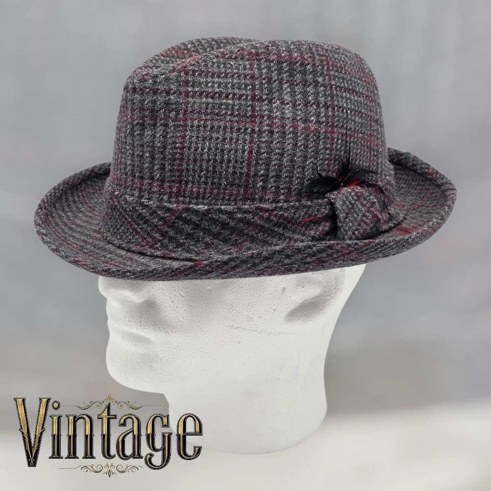 Vtg Capas Headwear Fedora Mens 7 1/4 Wool Grey Plaid Tweed Hat Gangster Dapper